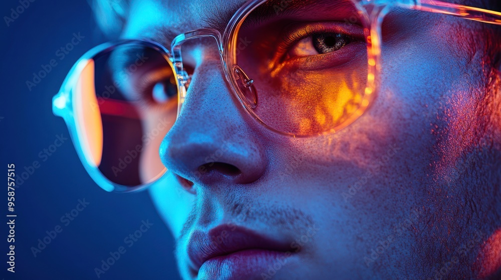Person with vibrant sunglasses reflecting bold colors Person with vibrant sunglasses reflecting bold colors