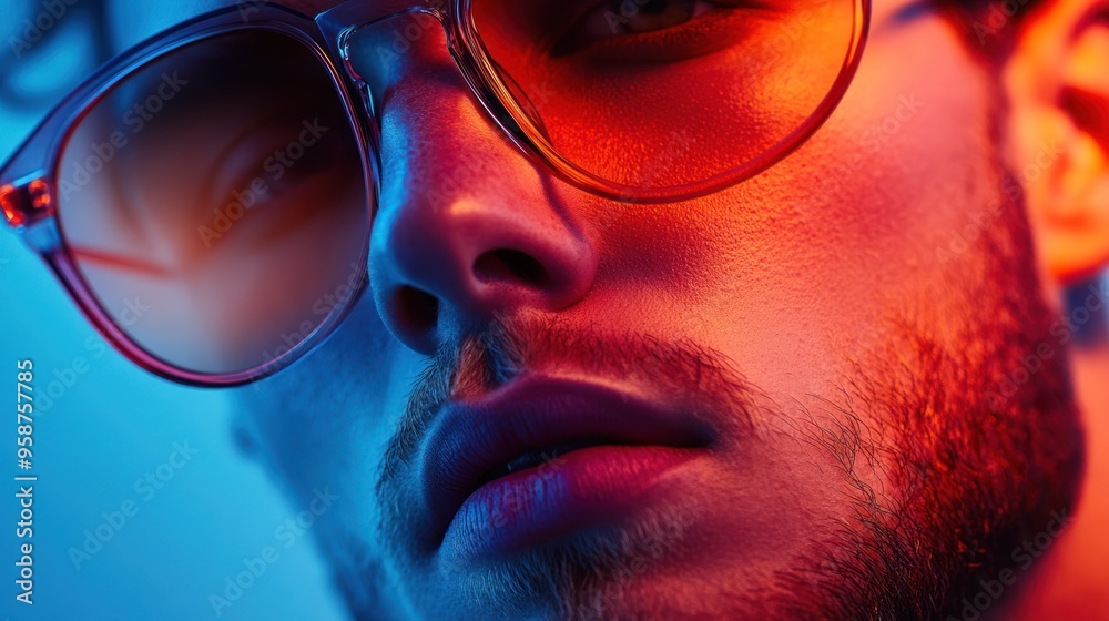 Elegant spectacles glowing in red and blue ambiance Elegant spectacles glowing in red and blue ambiance