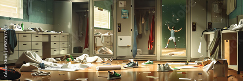 The Athletic Audacity: A locker room littered with discarded equipment, sneakers, and towels, the mirror reflecting a lone athlete stretching. photo