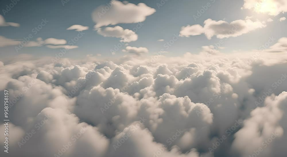 Aerial view of fluffy clouds in the sky with the sun shining through.