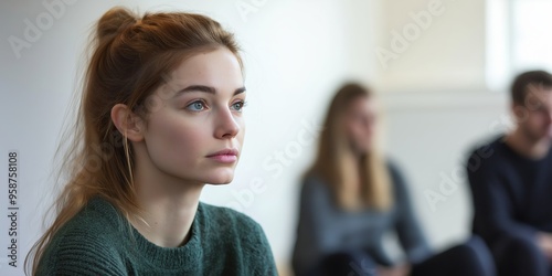 Young woman in a therapy session, listening attentively, receiving psychological support after trauma, focused and calm environment, showing hope and resilience, selective focus