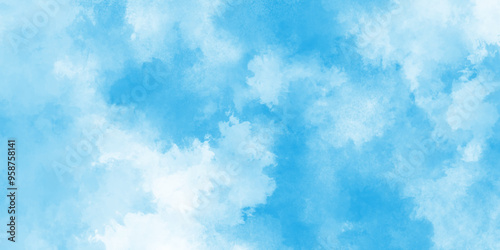 Natural Blue sky watercolor background texture for cover design, Grunge abstract cloudy blue smog texture art design, blue watercolor painting textured cloudy blue sky background.