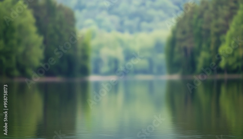 A tranquil forest lake with trees and greenery reflected on the calm water surface. The blurred background adds to the serene atmosphere.