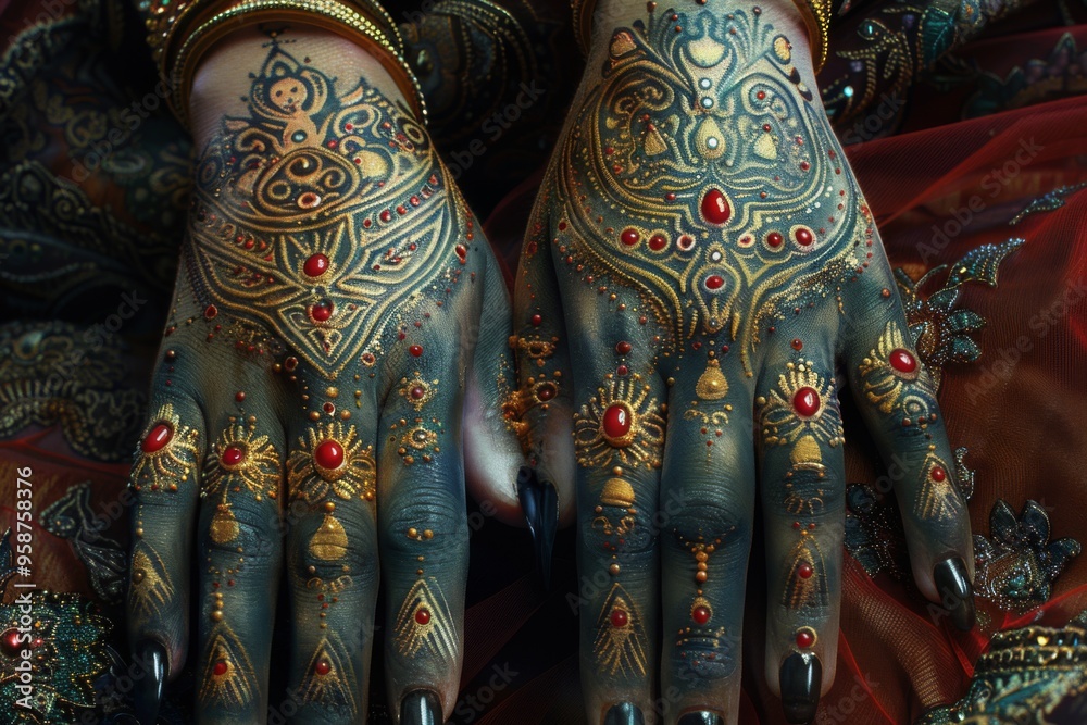 Intricate Henna Designs on Hands with Red and Gold Accents Intricate Henna Designs on Hands with Red and Gold Accents