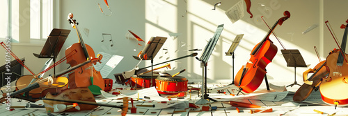 The Music Mania: Instruments of all shapes and sizes strewn about a practice room, music stands toppled over and sheet music scattered. photo