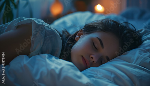 Beautiful young woman sleeping in bed at night