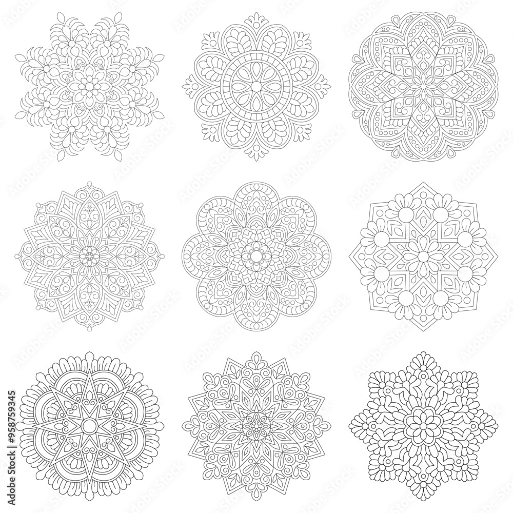 Set of Mandala for Henna, Mehndi, tattoo, decoration, coloring book, vector file Set of Mandala for Henna, Mehndi, tattoo, decoration, coloring book, vector file