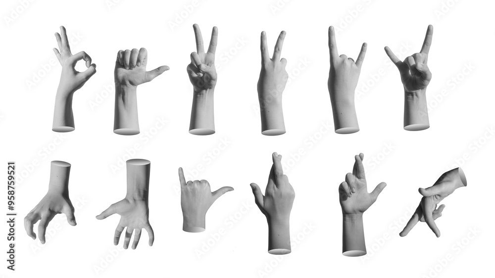 Kids hand signs, different child gestures set, isolated on white background