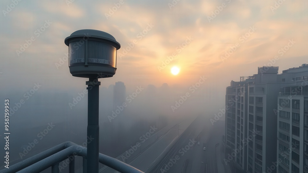 A scenic view of a foggy sunrise over a city, highlighting a lamppost on a balcony with buildings in the background. A scenic view of a foggy sunrise over a city, highlighting a lamppost on a balcony with buildings in the background.