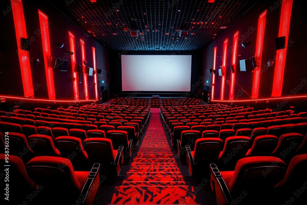 Fototapeta premium Empty Movie Theater Seats with Red Accents and a Blank Screen