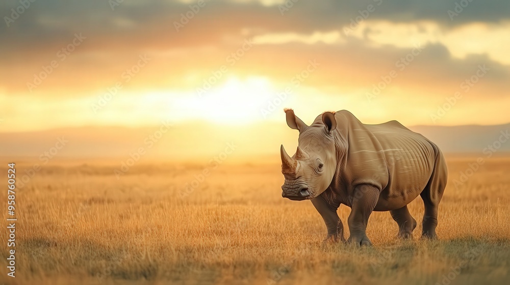 Obraz premium A majestic rhinoceros stands gracefully in a golden savannah at sunset, embodying the beauty of wildlife and nature conservation.