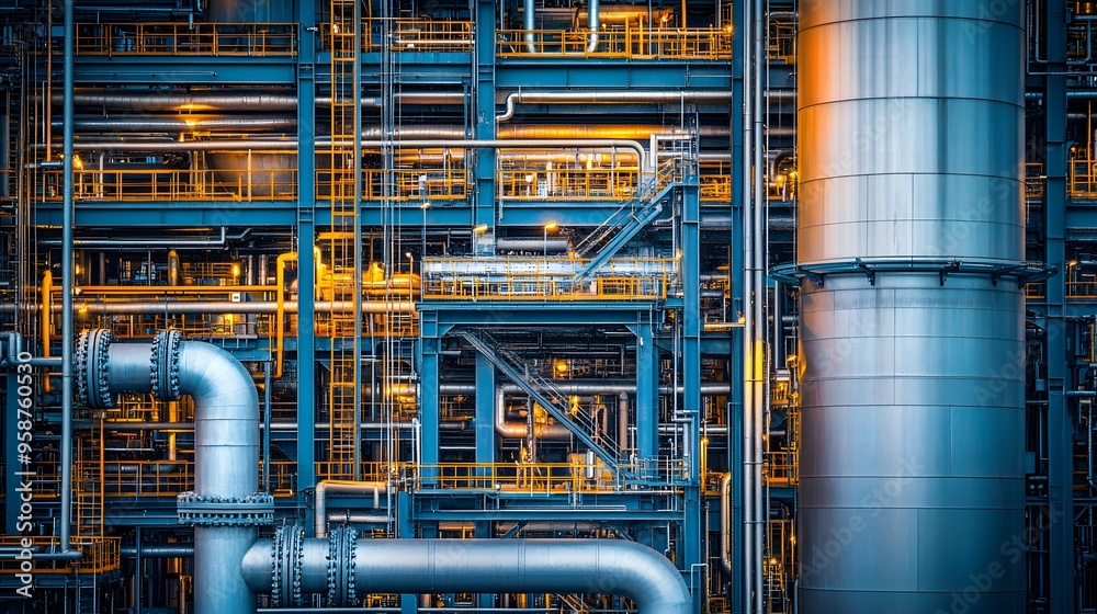 A detailed view of a chemical storage facility at an oil terminal, showcasing large, robust tanks, intricate piping systems, and a backdrop of industrial machinery A detailed view of a chemical storage facility at an oil terminal, showcasing large, robust tanks, intricate piping systems, and a backdrop of industrial machinery