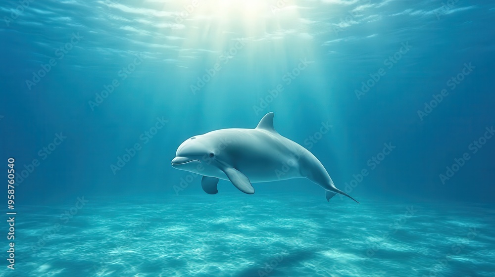 A serene dolphin gracefully swims through crystal-clear ocean waters, illuminated by radiant sunlight streaming from above. A serene dolphin gracefully swims through crystal-clear ocean waters, illuminated by radiant sunlight streaming from above.