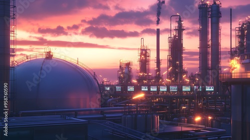 A high-tech petrochemical refinery with sleek, cylindrical storage tanks, vibrant control room screens, and a network of pipes and valves against a twilight sky