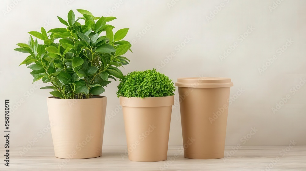 A serene arrangement of three potted plants in neutral tones, adding a touch of nature to any indoor space. A serene arrangement of three potted plants in neutral tones, adding a touch of nature to any indoor space.