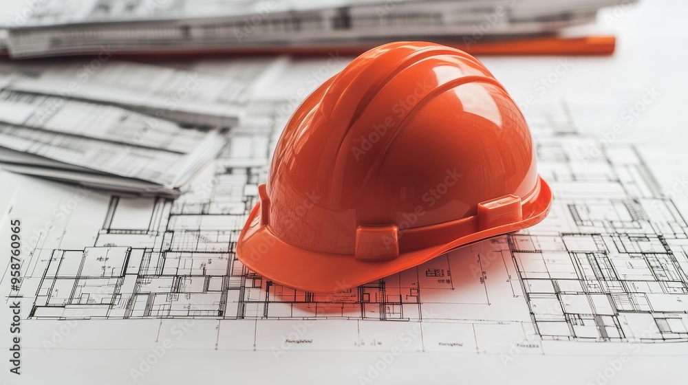 An orange safety helmet resting on architectural blueprints, symbolizing construction and engineering work. A perfect safety gear image. An orange safety helmet resting on architectural blueprints, symbolizing construction and engineering work. A perfect safety gear image.