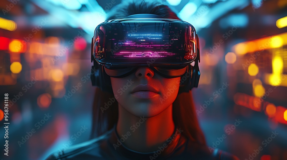 Digital rendering of virtual reality experience with a user wearing VR goggles in a futuristic immersive environment