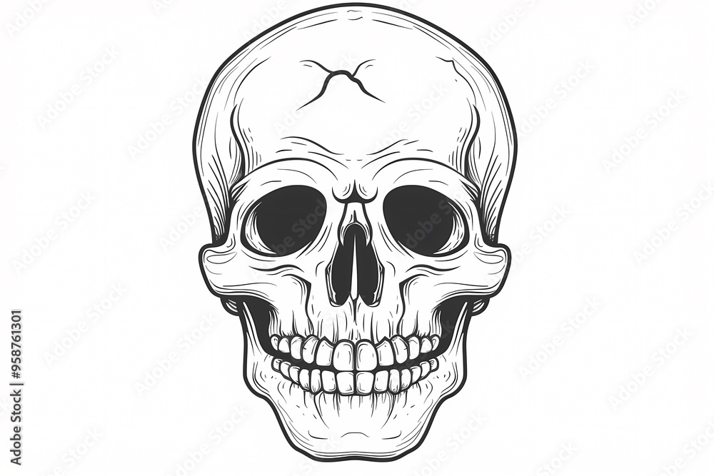 Fototapeta premium A detailed illustration of a human skull, featuring intricate line work and shading, creating a striking monochromatic design.