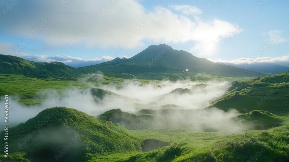Breathtaking landscape with misty hills and a majestic mountain under a clear blue sky, capturing the essence of nature's beauty. Breathtaking landscape with misty hills and a majestic mountain under a clear blue sky, capturing the essence of nature's beauty.