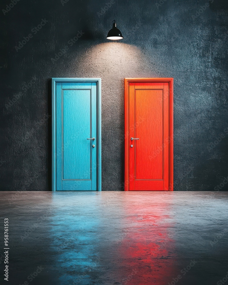 A dark room with a single spotlight illuminating two doors, one red and one blue, symbolizing a pivotal choice A dark room with a single spotlight illuminating two doors, one red and one blue, symbolizing a pivotal choice