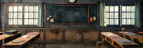 An antique classroom featuring an old blackboard, vintage chalk, and worn wooden desks. photo