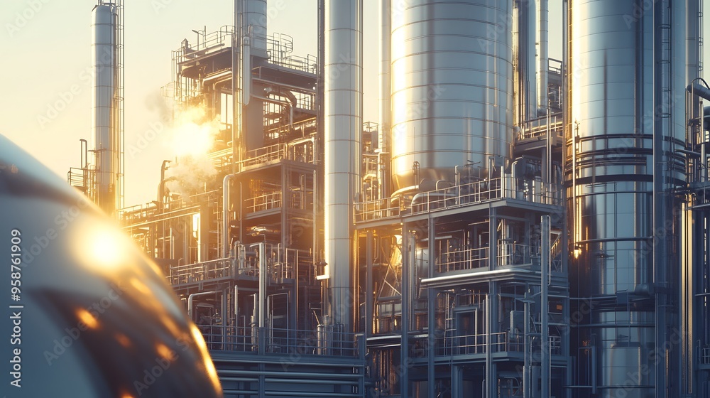 Naklejka premium A closeup of a modern oil refinery with shiny stainless steel tanks, advanced petrochemical processing units, and steam rising from the cooling towers