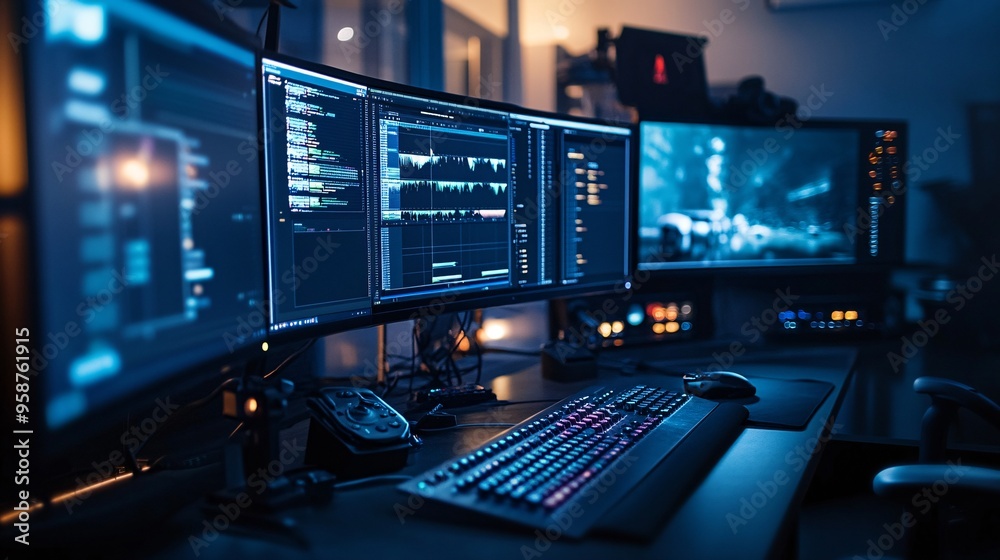 Film editing room with multiple monitors displaying editing software and footage clips in a dimly lit professional environment Film editing room with multiple monitors displaying editing software and footage clips in a dimly lit professional environment