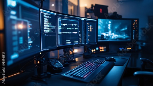 Wallpaper Mural Film editing room with multiple monitors displaying editing software and footage clips in a dimly lit professional environment Torontodigital.ca