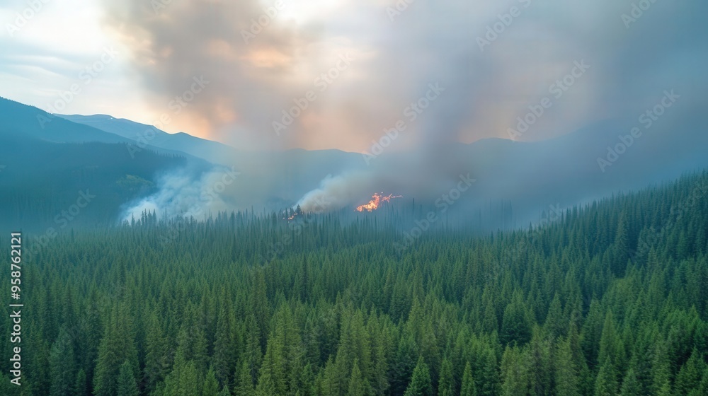 Fototapeta premium Aerial view of a forest fire affecting green pine trees under a smoky sky, highlighting nature's vulnerability to wildfires.