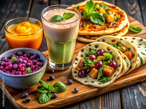 Vibrant colors of Naan bread and bold flavors of Boba tea come together in a modern, trendy fusion photo