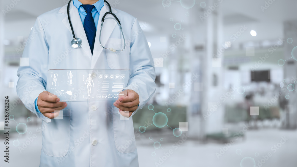 Doctor using finger touching screen for medical diagnostic analysis on modern virtual screen network connection, Medical technology concept, Body human anatomy on technological futuristic. Doctor using finger touching screen for medical diagnostic analysis on modern virtual screen network connection, Medical technology concept, Body human anatomy on technological futuristic.
