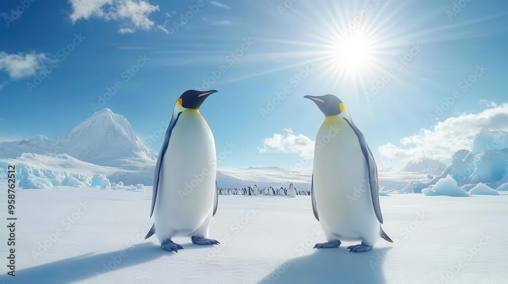 Fototapeta premium Two majestic penguins stand on an icy landscape under a bright sun, showcasing the beauty of the Antarctic environment.