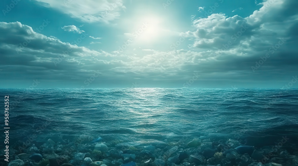Naklejka premium A serene ocean scene with gentle waves under a bright sun and dramatic clouds, evoking peace and tranquility.
