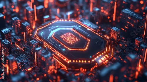 Futuristic circuit board with glowing elements in vibrant orange and blue tones, symbolizing advanced technology and innovation.