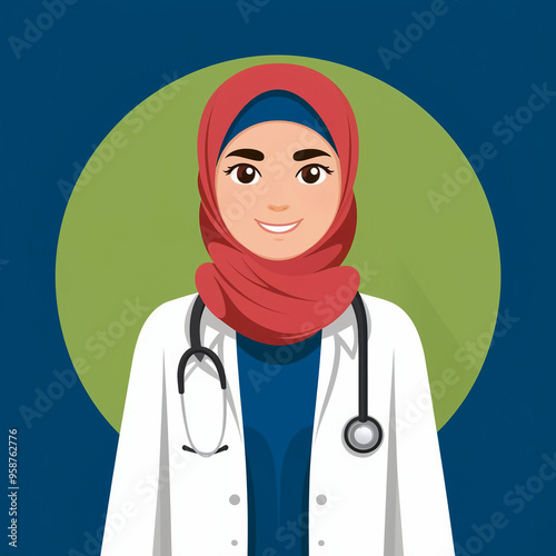 Illustration of a young female doctor wearing a hijab and a white coat