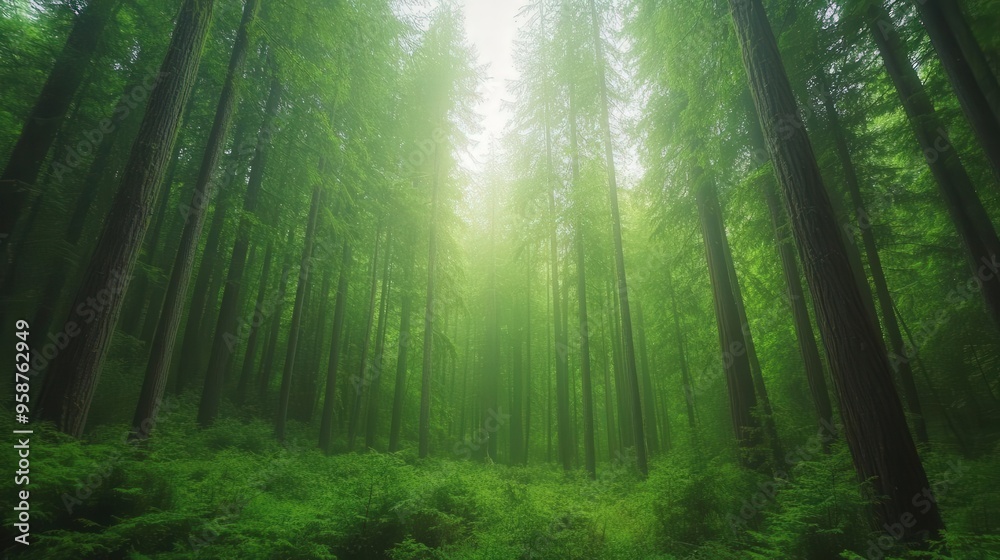 Obraz premium Serene forest landscape filled with tall trees and lush greenery, creating a tranquil and peaceful atmosphere.