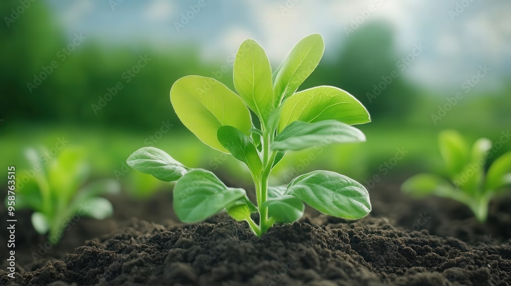 A vibrant green plant sprouting from rich soil, symbolizing growth and renewal in nature's serene environment. A vibrant green plant sprouting from rich soil, symbolizing growth and renewal in nature's serene environment.