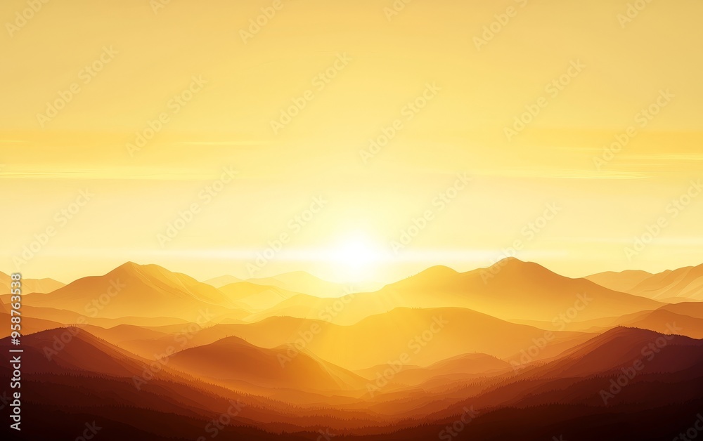 Digital picture, mountain sunrise, golden palette, flat design illustration