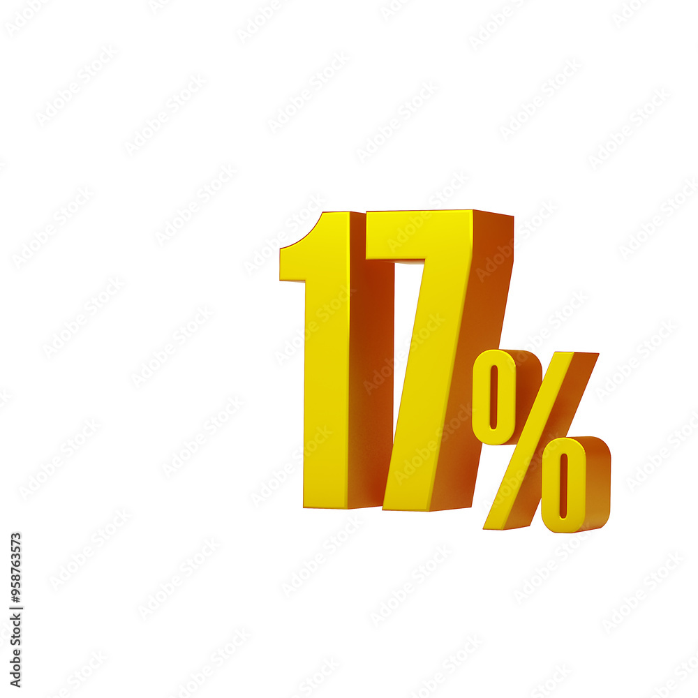 3d illustration of golden number 17 percent or 17% isolated on white background. 3d render. 3d illustration of golden number 17 percent or 17% isolated on white background. 3d render.