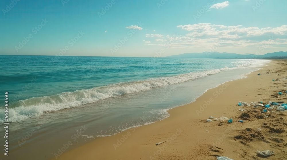 A serene beach landscape featuring gentle waves, soft sand, and a bright blue sky with scattered clouds. A serene beach landscape featuring gentle waves, soft sand, and a bright blue sky with scattered clouds.