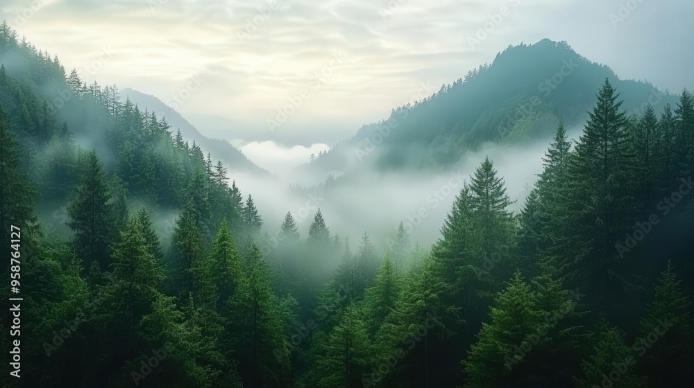 A serene forest landscape shrouded in mist, showcasing majestic mountains and lush greenery under a cloudy sky. A serene forest landscape shrouded in mist, showcasing majestic mountains and lush greenery under a cloudy sky.
