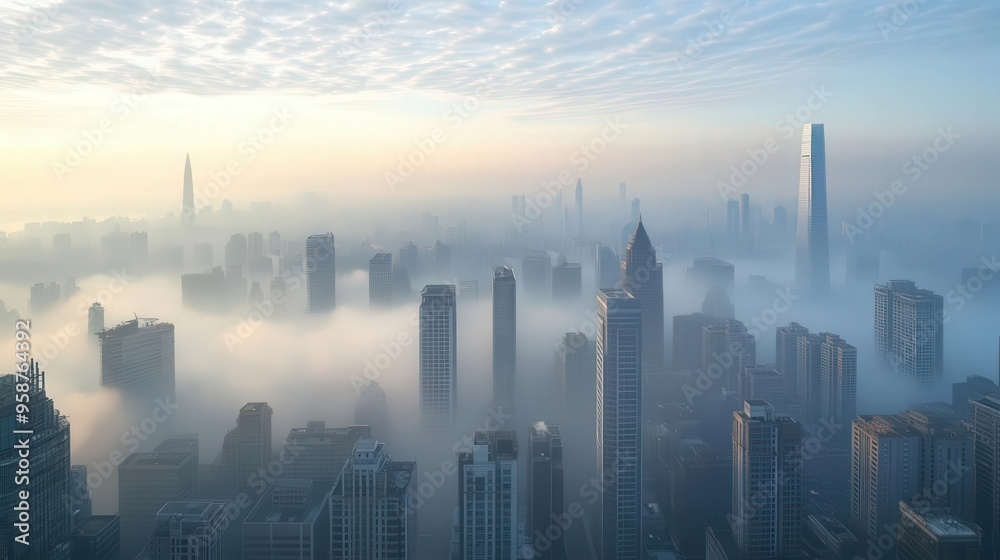 Fototapeta premium Aerial view of a city skyline shrouded in mist during sunrise, showcasing skyscrapers emerging through the fog.