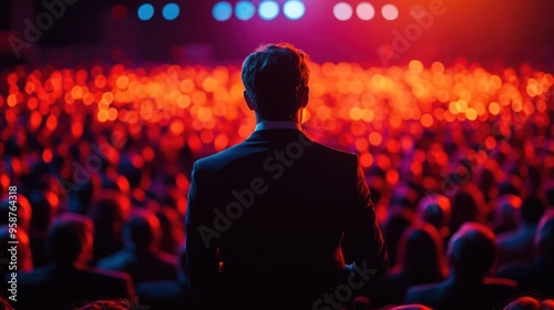 A man in a suit stands on a stage, facing a crowd of people at a concert or conference.