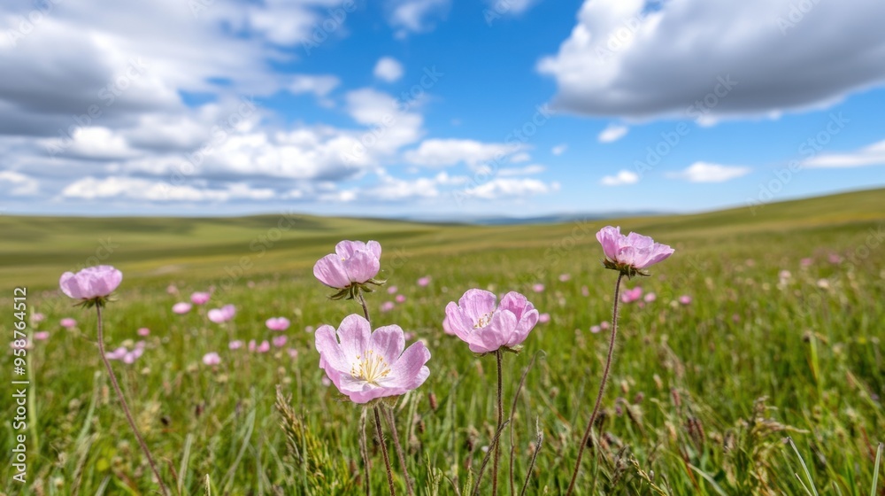 Obraz premium A field of pink flowers in the middle of a green grassy area, AI