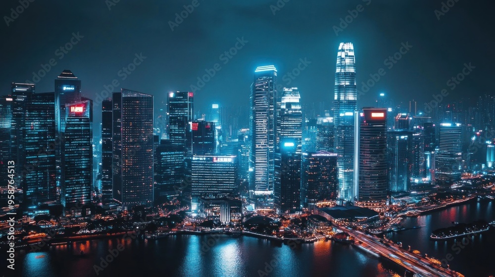 Naklejka premium Nighttime Cityscape with Illuminated Skyscrapers