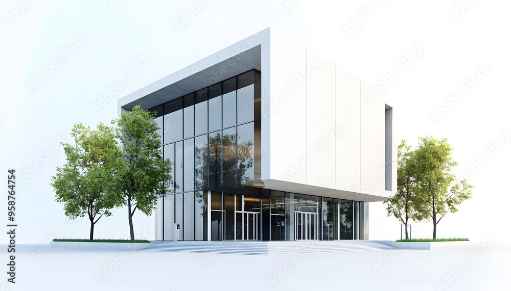 Modern White Building with Glass Facade and Trees Modern White Building with Glass Facade and Trees