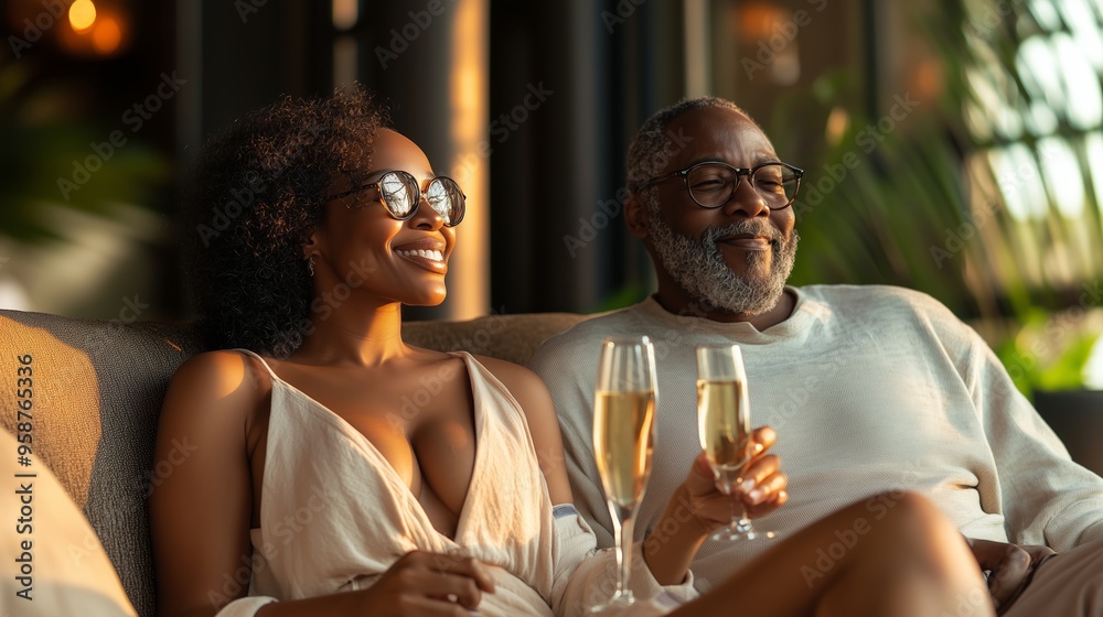 A joyful moment shared between a young woman and an older man enjoying champagne in a bright, relaxed lounge during a sunny day A joyful moment shared between a young woman and an older man enjoying champagne in a bright, relaxed lounge during a sunny day
