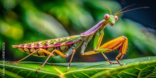 Vibrant, exotic, tropical flower-shaped praying mantis species, Idolomantis diabolica, perches on a lush green leaf, photo