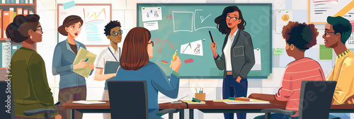 A group of teachers brainstorming lesson plans and discussing student progress.