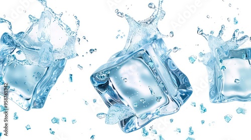 Three ice cubes with water splashes isolated on a white background.